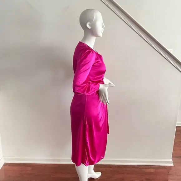 New 97% Silk Faux Wrap Elegant Vibrant Pink Taylor Tillman Long Sleeve Dress M - Picture 9 of 10